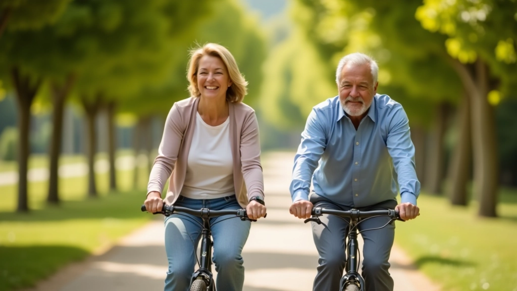 Older couple on bicycles cycling through tree-lined path in park, sunny day with green foliage