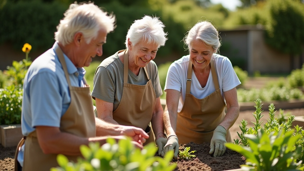 Group of older adults in volunteer aprons working together in community garden