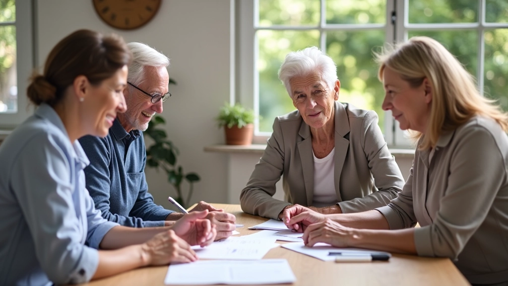 Group of volunteers aged 55-70 working together on community project in bright workshop space