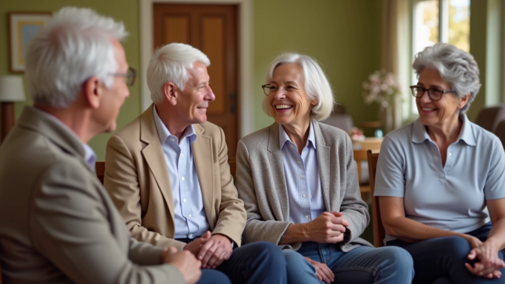 Group of older adults engaged in conversation at community center, smiling and connected