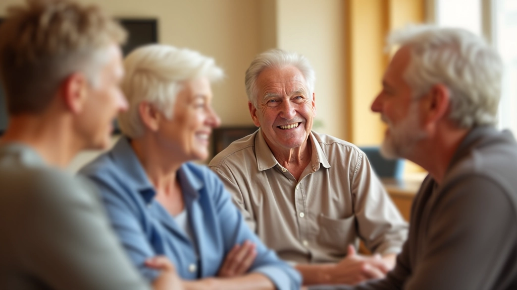 Group of adults aged 55-70 sitting in circle during discussion workshop with engaged expressions