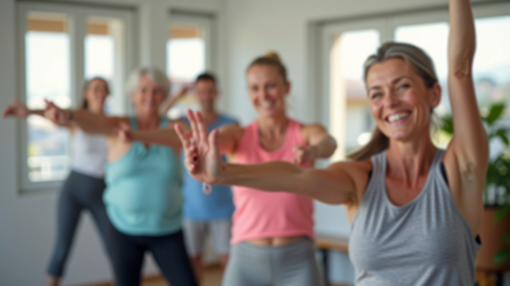 Diverse group of older adults in fitness class stretching together with instructor, bright gym studio