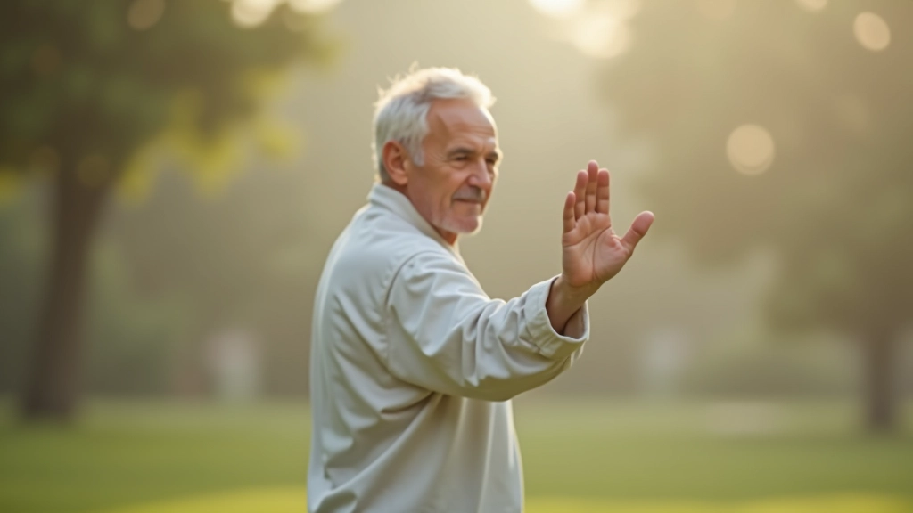Man doing tai chi outdoors in park with morning mist and trees