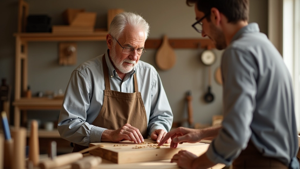 Older man aged 68 teaching woodworking skills to younger person in workshop with tools and wood projects