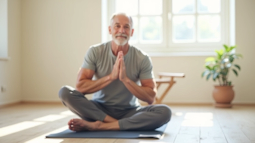 Older man in yoga pose on mat in bright studio with windows, practicing gentle stretching exercise