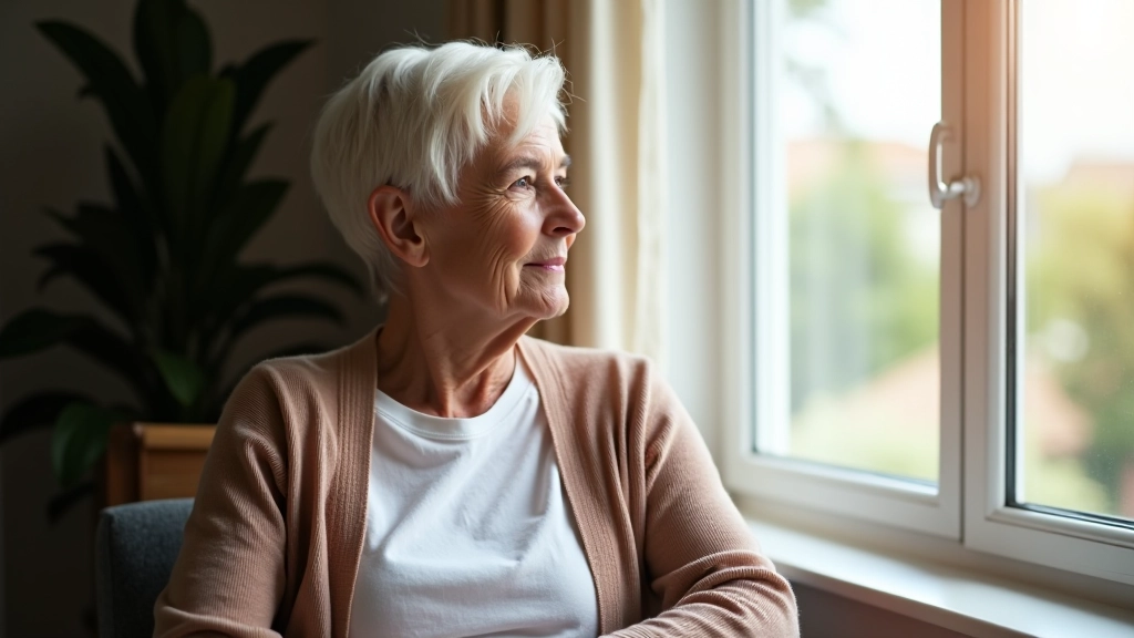 Older woman sitting thoughtfully by window with natural morning light, contemplative expression