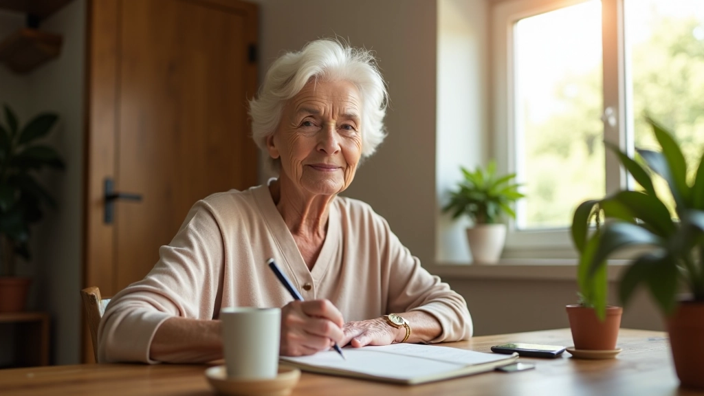 Woman aged 60 journaling with coffee at cozy home desk near window with plants and soft natural light