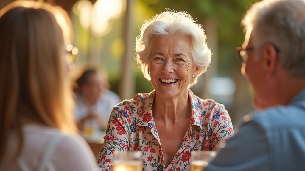 Older woman laughing with friends in outdoor cafe setting with plants