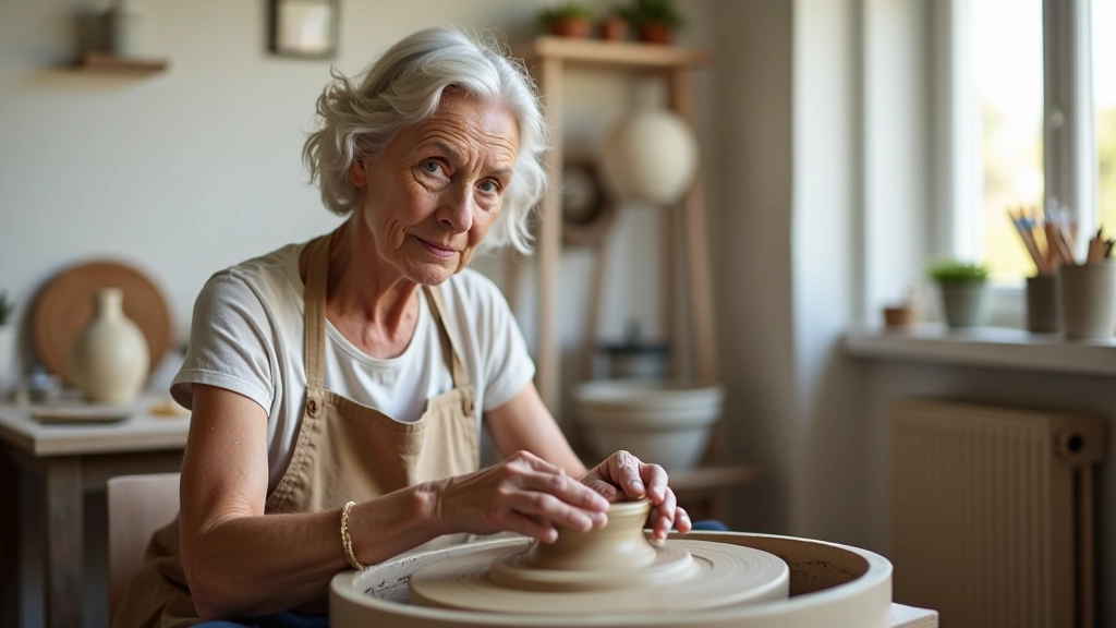 Woman aged 65 engaged in pottery class, hands working with clay at a studio table
