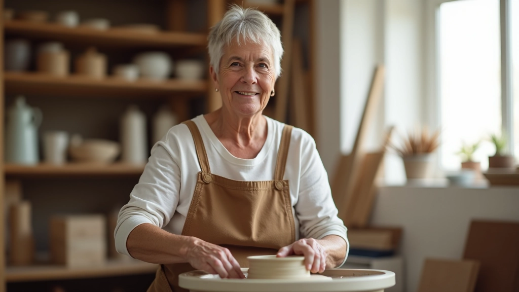 Retired woman aged 65 learning pottery at art studio with clay on wheel and natural light